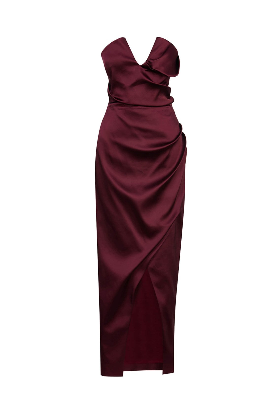 Fleur Straplez Saten Bordo Midi Elbise