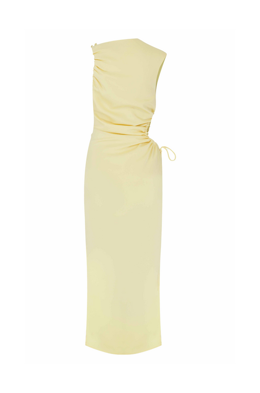 Grace Cut-Out Detaylı Yırtmaçlı Sarı Midi Elbise