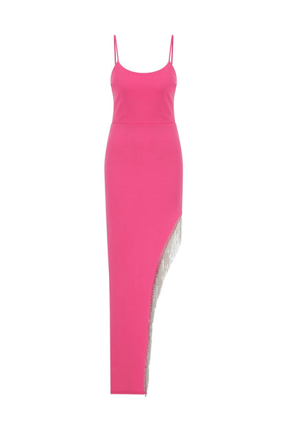 Adalee Sallantılı Taş Detaylı Asimetrik Pembe Midi Elbise