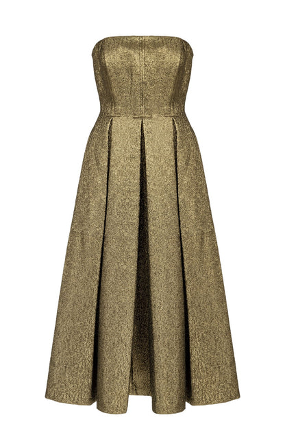 Astral Simli Straplez Midi Gold Elbise