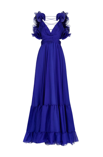 Blue Fırfırlı Sırt Detaylı Lacivert Maxi Elbise