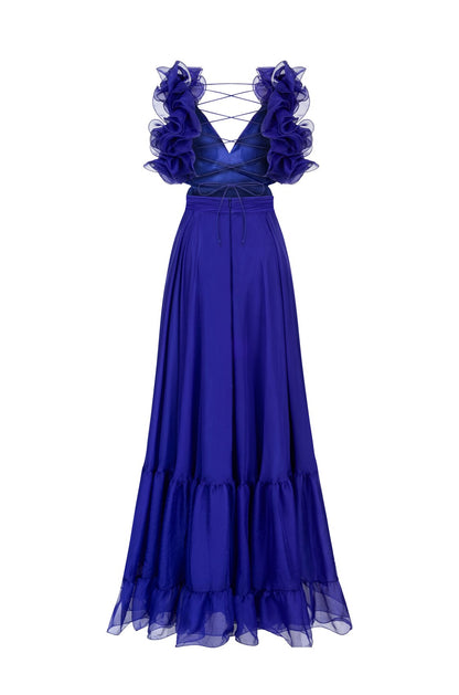 Blue Fırfırlı Sırt Detaylı Lacivert Maxi Elbise