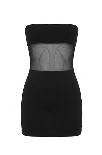 Phantasma Cut-Out Yarı Transparan Straplez Siyah Mini Elbise