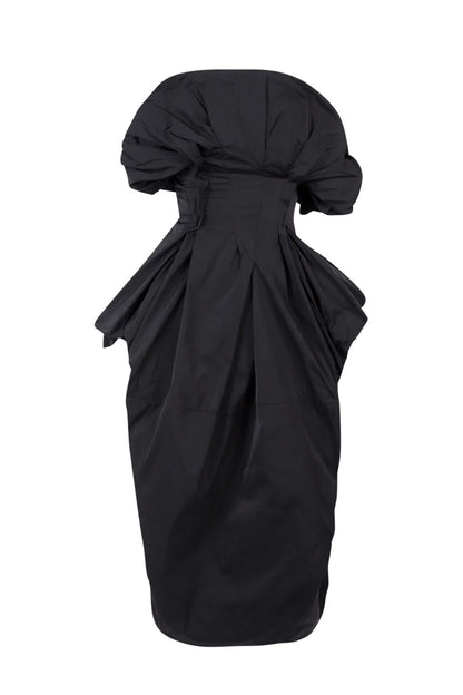 Duchesse Balon Etekli Straplez Siyah Midi Elbise