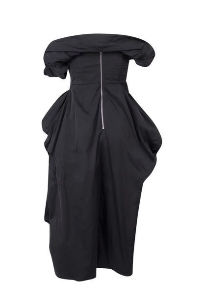 Duchesse Balon Etekli Straplez Siyah Midi Elbise