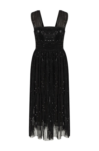 Glitty Küçük Payetli Midi Tül Detaylı Elbise