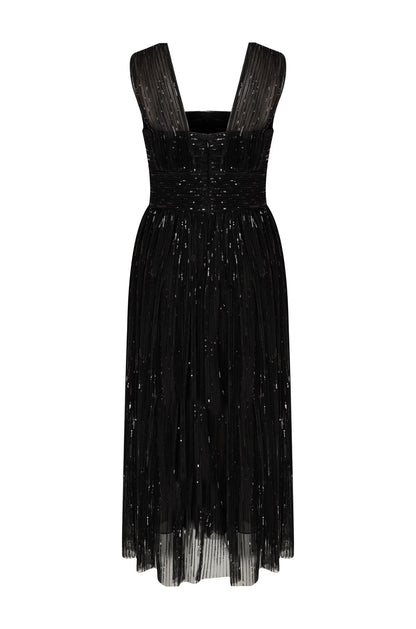Glitty Küçük Payetli Midi Tül Detaylı Elbise