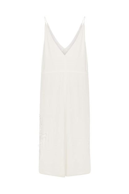 Haven İnce Askılı Nakış İşlemeli Beyaz Midi Elbise