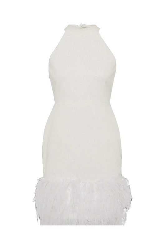 Hilary Sırtı Açık Fiyonk Detaylı Tüylü  Beyaz Mini Elbise
