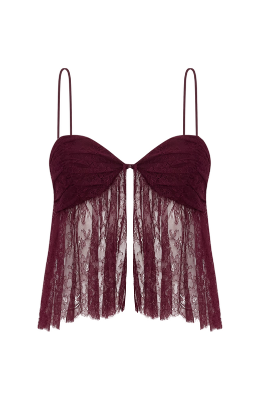 Inez Dantelli İnce Askılı Bordo Crop Bluz
