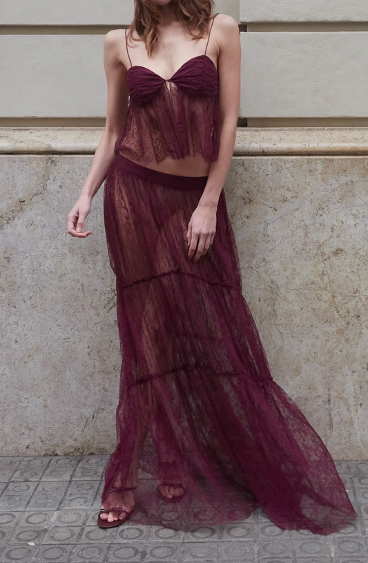 Inez Dantelli Transparan Bordo Maxi Etek