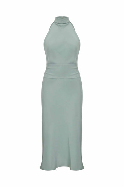 Light Halter Yaka Sırtı Açık Yeşil Midi Elbise