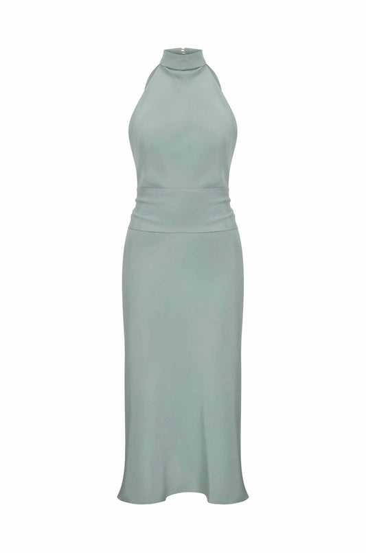 Light Halter Yaka Sırtı Açık Yeşil Midi Elbise