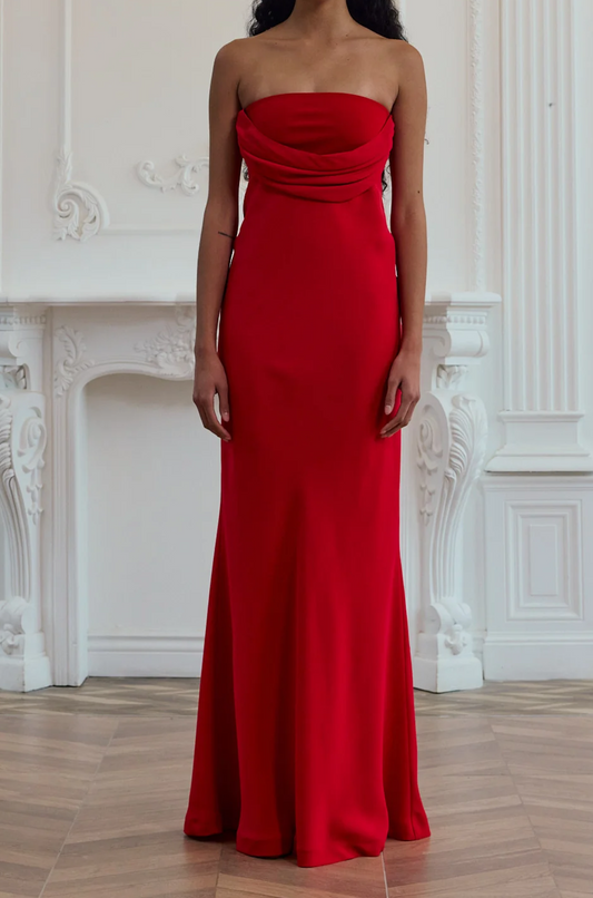 Melly Straplez Drape Detaylı Kırmızı Maxi Elbise
