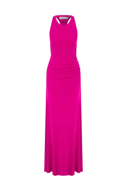 Maria Halter Yaka  Yırtmaçlı Pembe Maxi Elbise