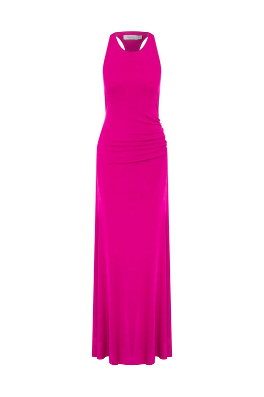 Maria Halter Yaka  Yırtmaçlı Pembe Maxi Elbise