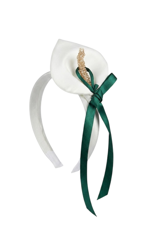 Orchid Çiçek İşlemeli Yeşil Kurdele Detaylı Beyaz Taç