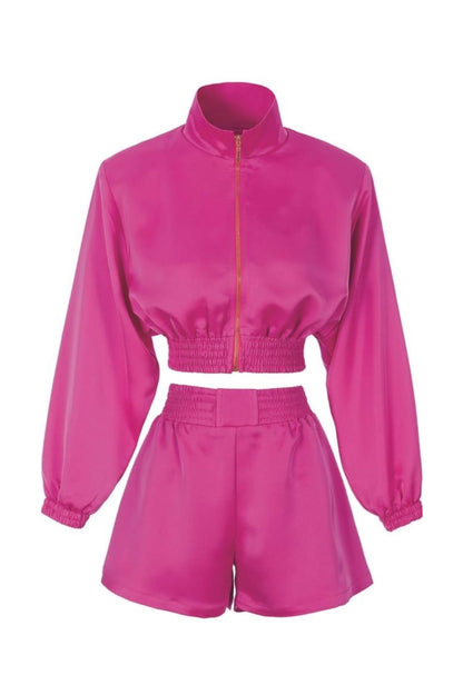 Pinky Ceket Şort Saten Pembe Takım
