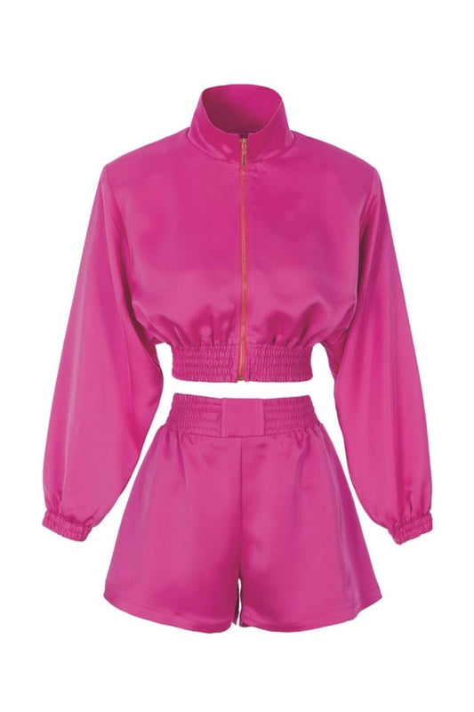 Pinky Ceket Şort Saten Pembe Takım
