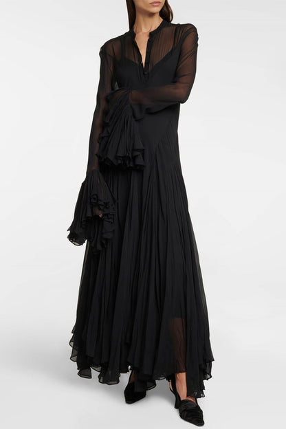Sheer Transparan Siyah Maxi Elbise