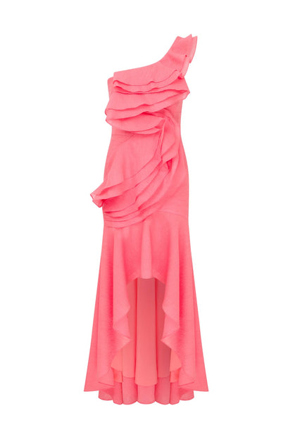 Sofia Asimetrik Volanlı Pembe Elbise